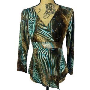 Vintage Y2K Top M Babydoll Rhinestone detail Asymmetrical Animal Print